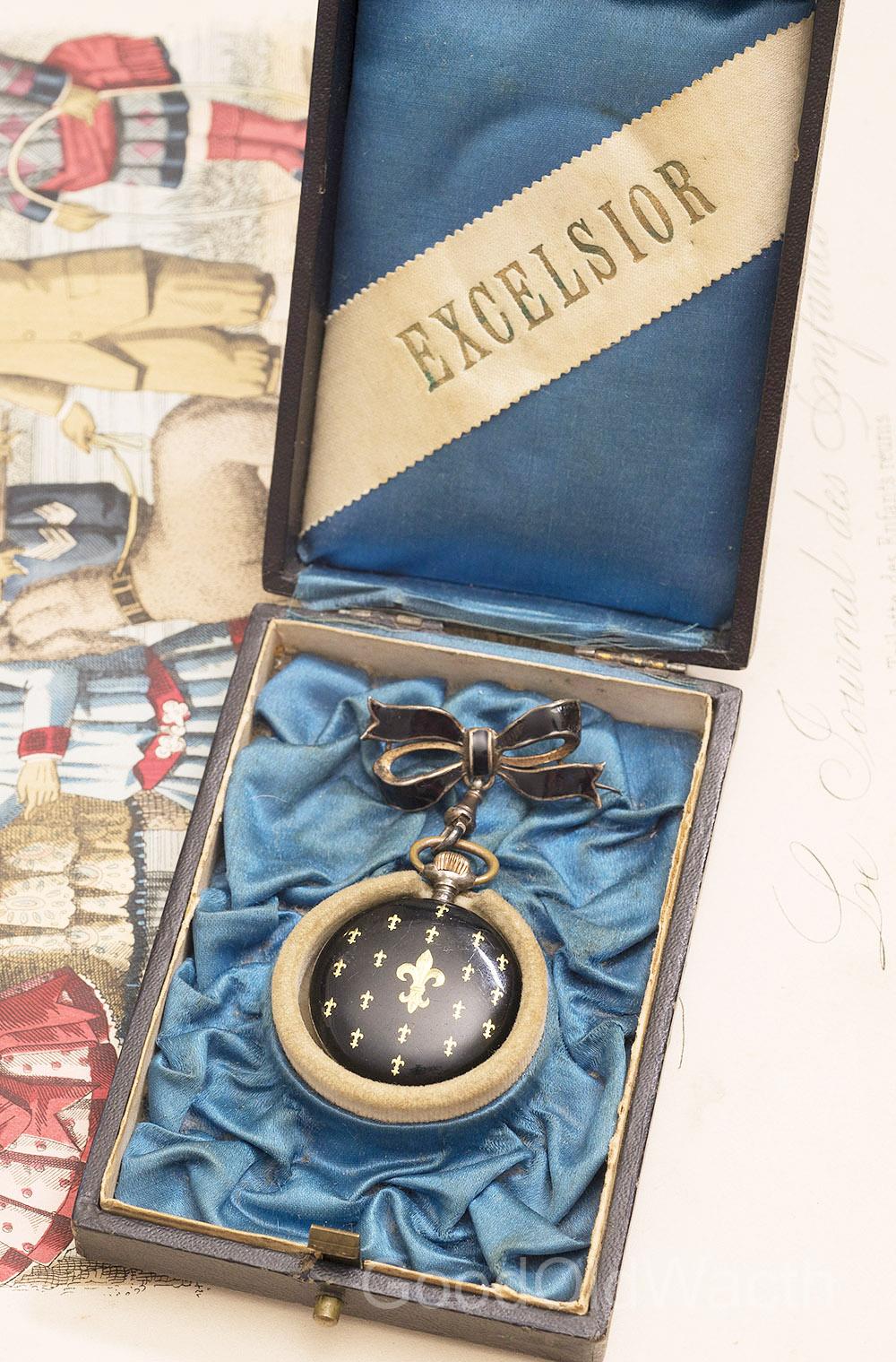 Antique Swiss Sterling SILVER & GOLDEN LILY ENAMEL Pocket or Pendant Lady Watch with Brooch in Original Box - Royal Memorabilia