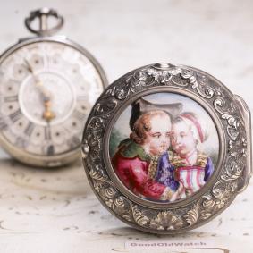 1740s GENRE PAINTING Enamel Miniature Pair Cased Verge Fusee Antique Pocket Watch w/ CHATELAIN