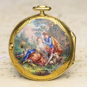 GOLD & ENAMEL PAINTING London British Fusee Antique Pocket Watch - non verge