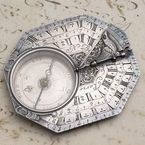 Early XVIII Octagonal Silver Antique Pocket Sundial by NICOLAS BION in Paris