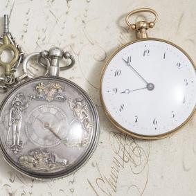 Beautiful Pair of Jaquemart Automaton Repeater and Three Hammer Carillon Repeater Pocket Watches