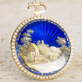 1790s CHINESE MARKET GOLD & ENAMEL PAINTING Antique Pocket Watch
