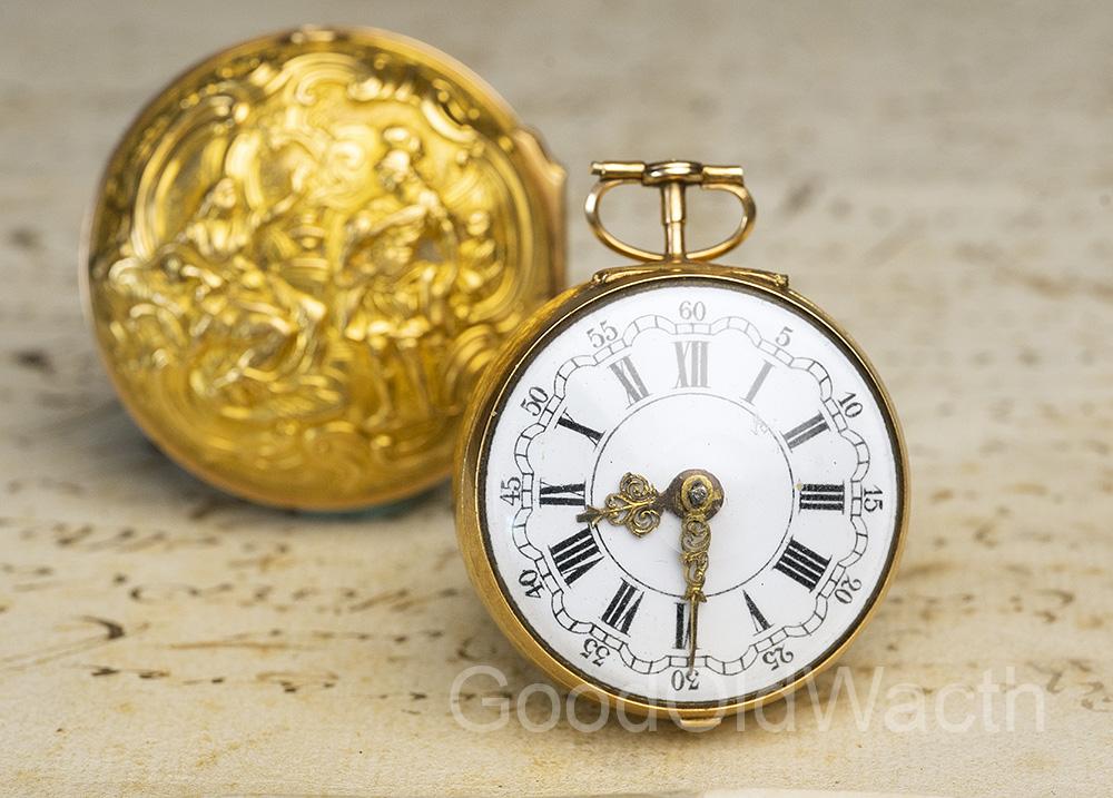 1763 Repousse Pair Case Antique Verge Fusee Pocket Watch