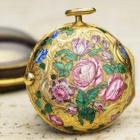 GOLD & CHAMPLEVE ENAMEL Verge Fusee Antique Pocket Watch from middle of XVIII c.