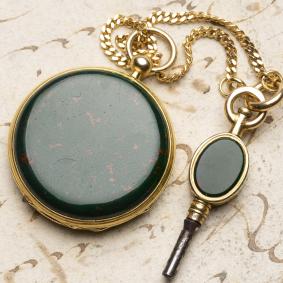 BLOODSTONE & 18k Gold Lady Miniature Antique Pocket Watch w/ key in Box
