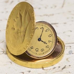 100 GOLDEN FRANCS COIN Concealed Pocket Watch c. 1910 HAAS NEVEUX - Stamped with GENEVA SEAL
