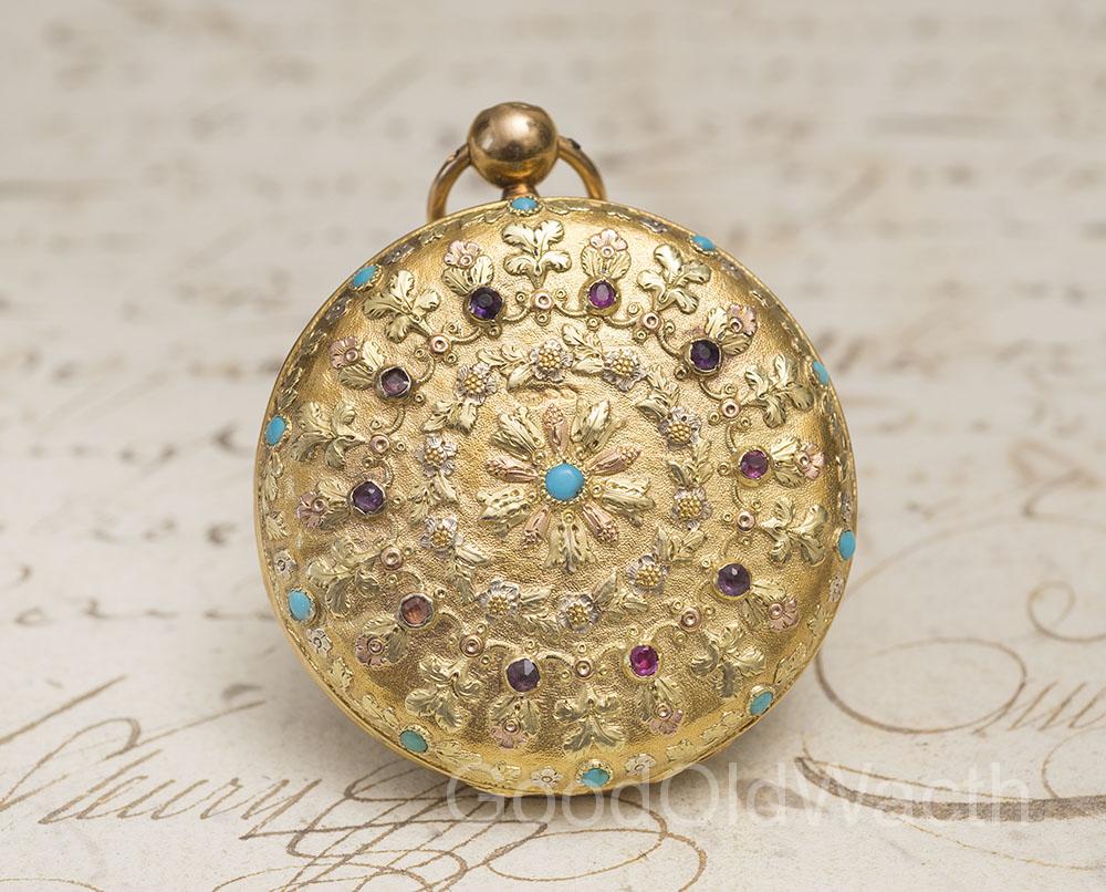 Antique French Solid 4-colored 18k GOLD & TURQUOISE Verge Fusee Pocket Watch