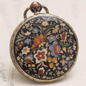Antique 18k GOLD & CHAMPLEVE ENAMEL Pocket or Pendant Lady Watch  1830s