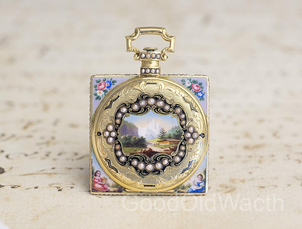 Gold Pearls & Enamel Square Shaped Pocket Watch in Chinese Taste