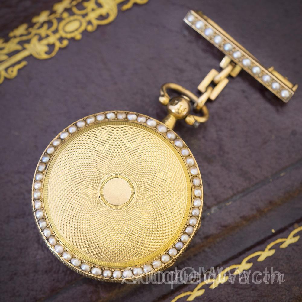 Antique early XIX French 18k Gold and Pearls Lady Watch with Brooch