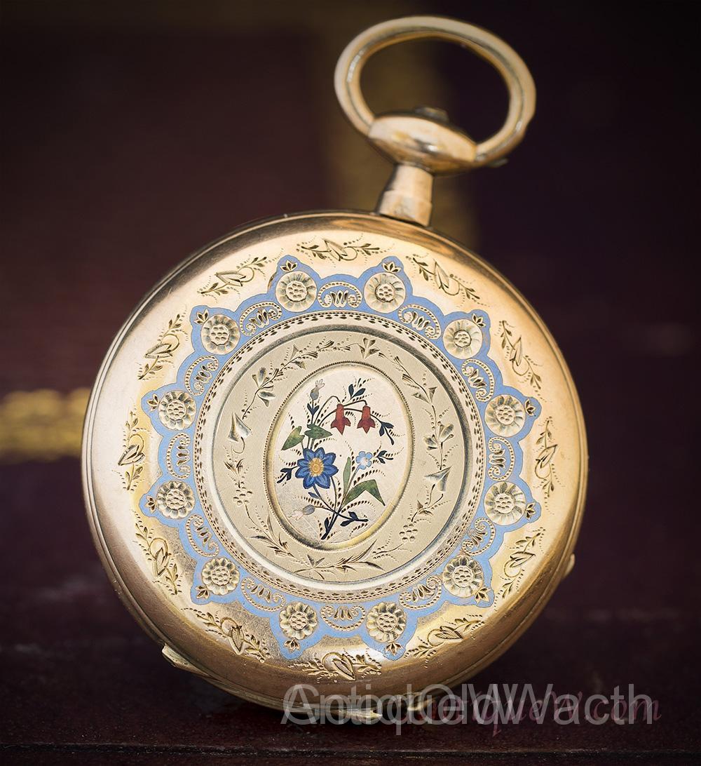 Beautiful French Solid 18k and Enamel Pocket/Pendant Lady Watch with Golden Key