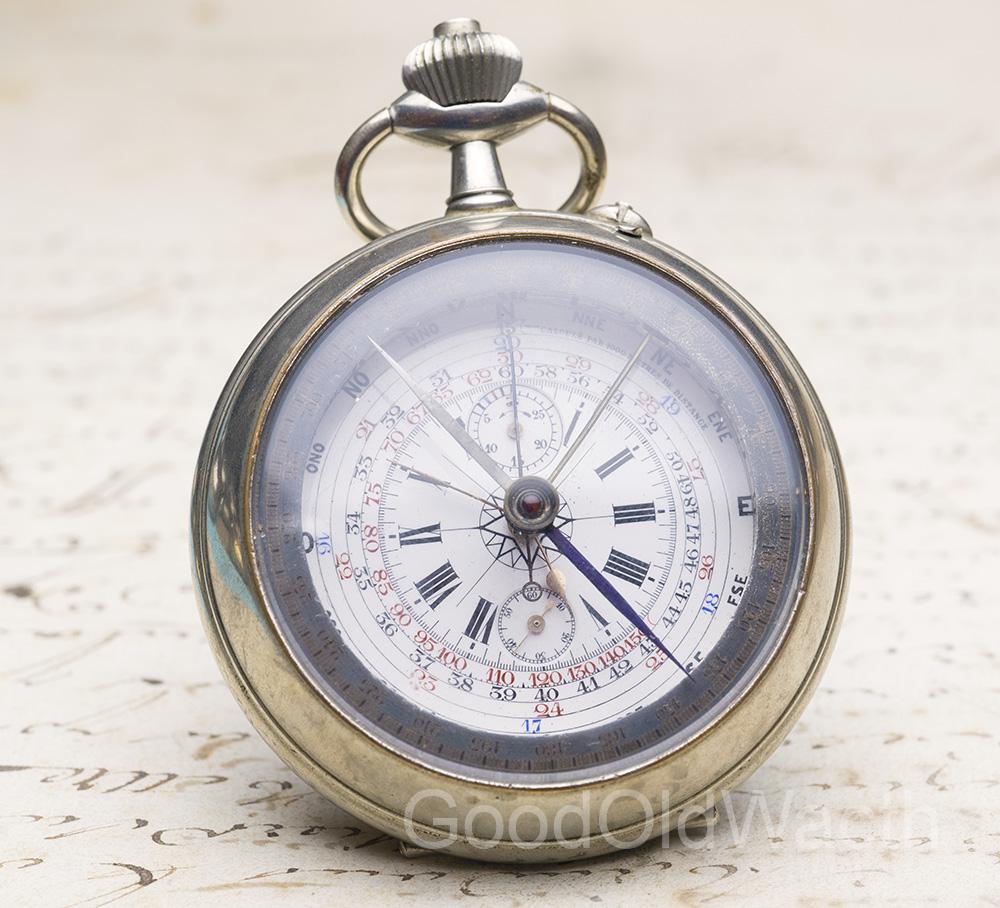 Rare Oversized COMPASS & CHRONOGRAPH pocket watch - patent by Captain Vincent