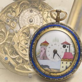 RARE Antique SKELETONIZED ENAMEL & PAINTED DIAL VERGE FUSEE Swiss Pocket Watch