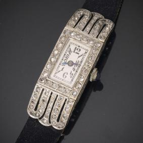 Antique White 18k Gold & Diamonds Lady Wrist Watch - French Art Deco 1920