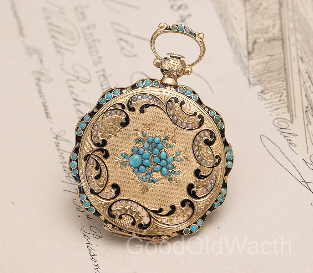 Antique 1830s Swiss Solid 18k GOLD PEARLS and TURQUOISE Pocket or Pendant Lady Watch by J.F. BAUTTE
