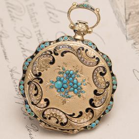 Antique 1830s Swiss Solid 18k GOLD PEARLS and TURQUOISE Pocket or Pendant Lady Watch by J.F. BAUTTE
