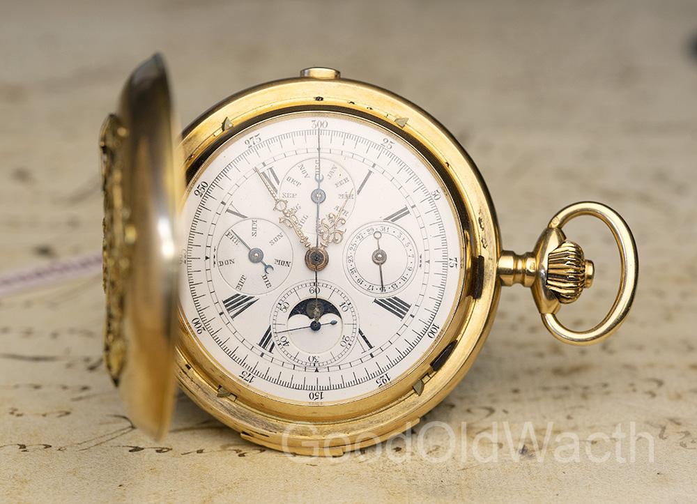 Heavy Quarter Repeating Triple Calendar Chronograph Antique Pocket Watch in Golden Case