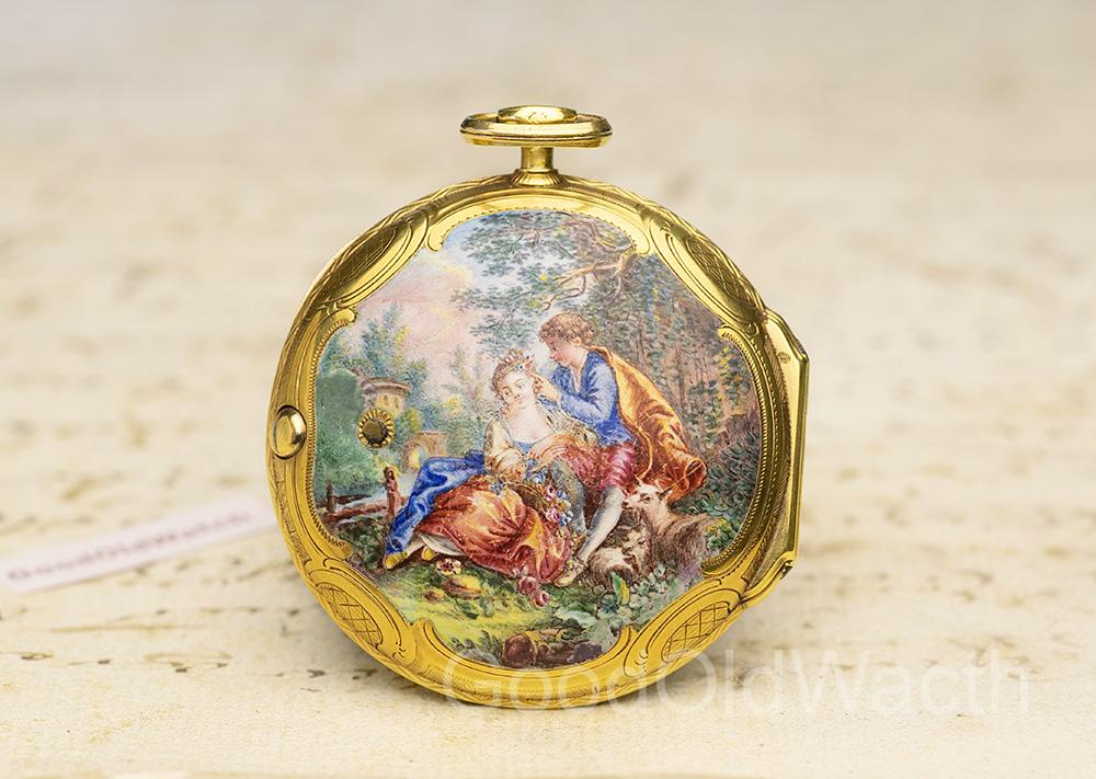 GOLD & ENAMEL PAINTING London British Fusee Antique Pocket Watch - non verge