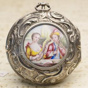 1720s Painted Enamel Miniature Pair Cased Verge Fusee Antique Pocket Watch MONTRE COQ SpindelTaschenuhr