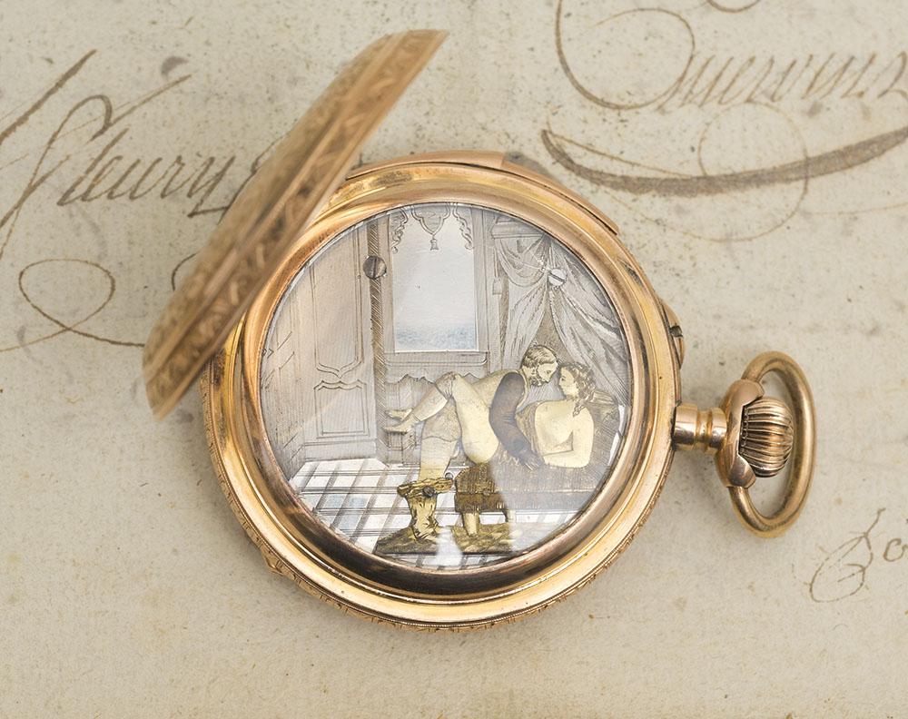 CONCEALED EROTIC AUTOMATON With REPEATER Antique Pocket Watch in 18k Gold Case