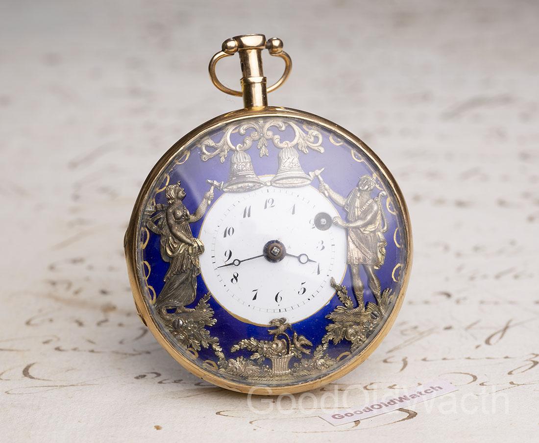 JAQUEMARTS AUTOMATON REPEATER 18k Gold VERGE FUSEE Antique Pocket Watch