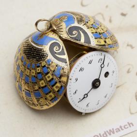 Miniature-SHELL-SHAPE-18k-GOLD--ENAMEL-VERGE-FUSEE-Antique-Pocket-Watch