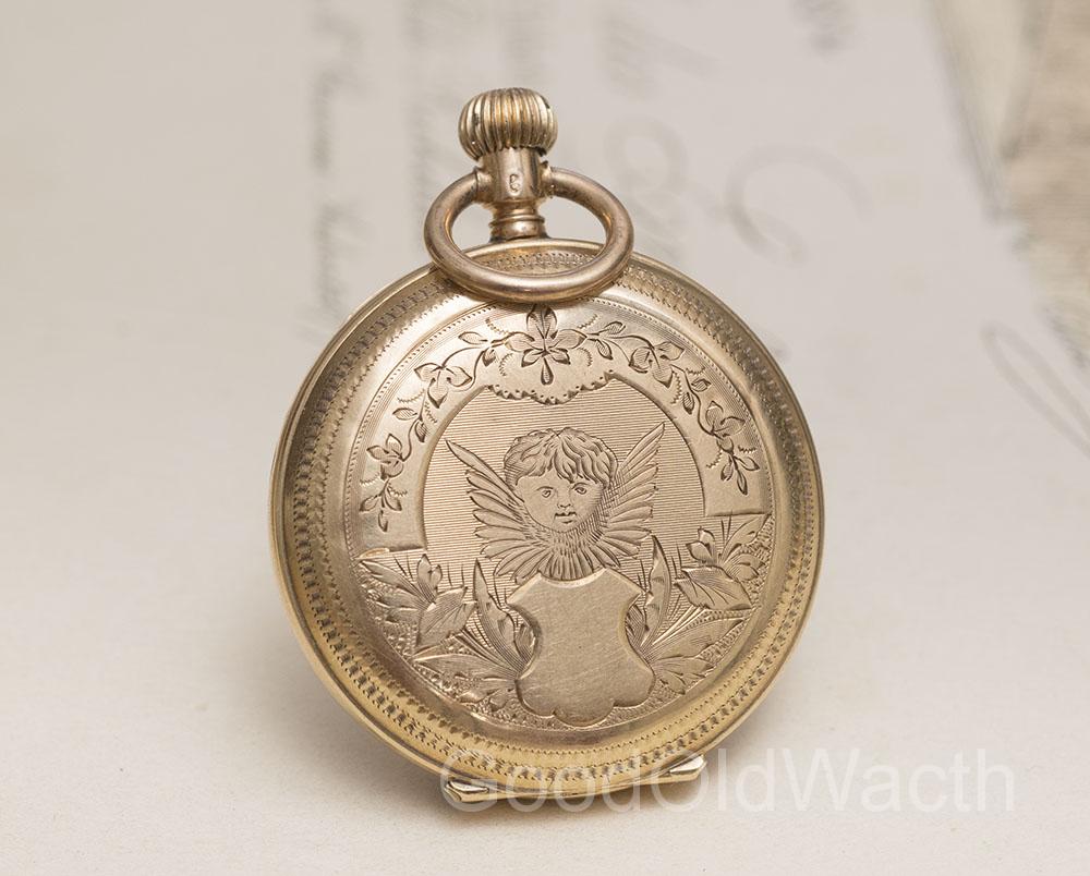 Beautiful Antique Swiss Gold ENGRAVED PUTTY and LANDSCAPE Lady pocket or pendant watch