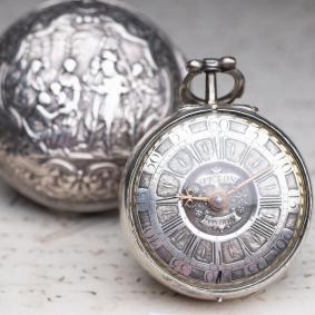 c. 1730 Champleve Dial Pair Cased Verge Fusee Antique Silver Pocket Watch