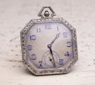 Art-Deco Octagonal PLATINUM & DIAMOND Antique Pocket Watch with BLUE JEWELS SET MOVEMENT