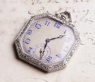 Art-Deco Octagonal PLATINUM & DIAMOND Antique Pocket Watch with BLUE JEWELS SET MOVEMENT