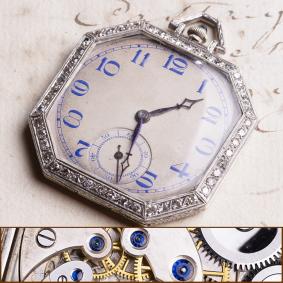Art-Deco Octagonal PLATINUM & DIAMOND Antique Pocket Watch with BLUE JEWELS SET MOVEMENT