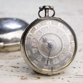 1750s Silver Champleve Dial & Pair Cased Verge Fusee British Antique Pocket Watch