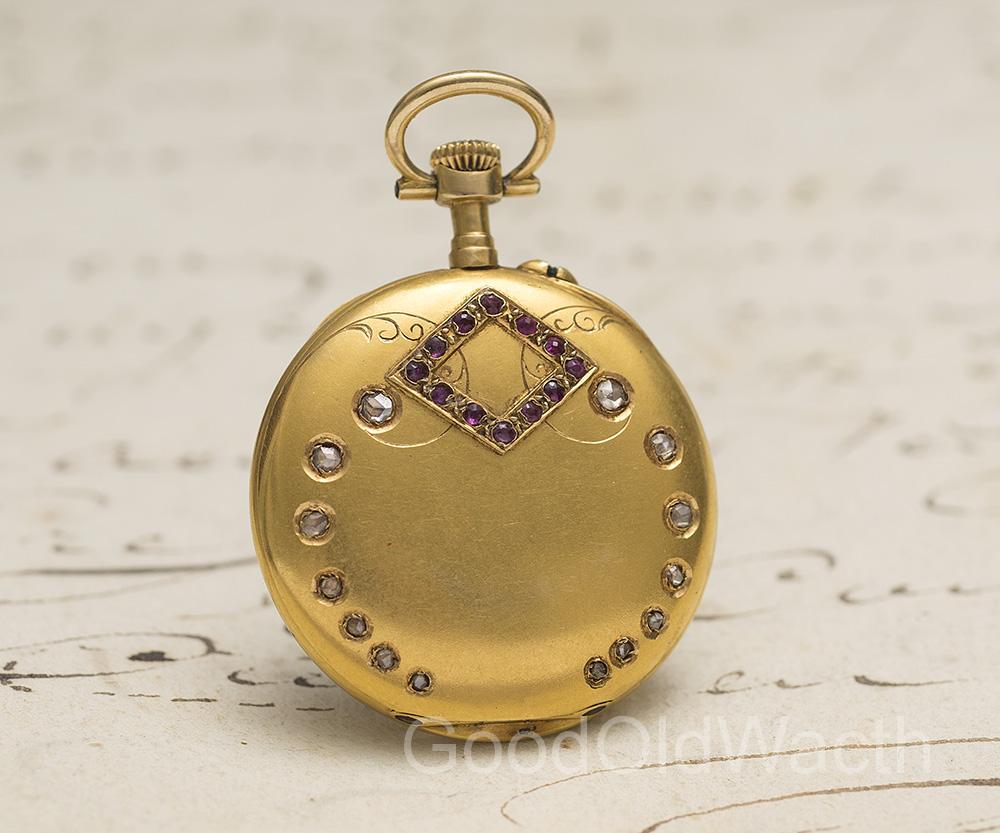 Antique 1900s Solid 18k GOLD, DIAMONDS & RUBIES Lady Pocket or Pendant Watch
