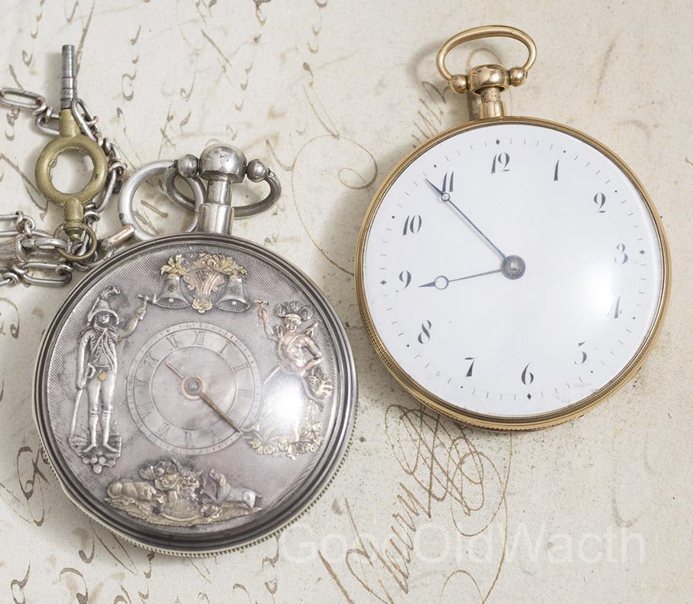 Beautiful Pair of Jaquemart Automaton Repeater and Three Hammer Carillon Repeater Pocket Watches