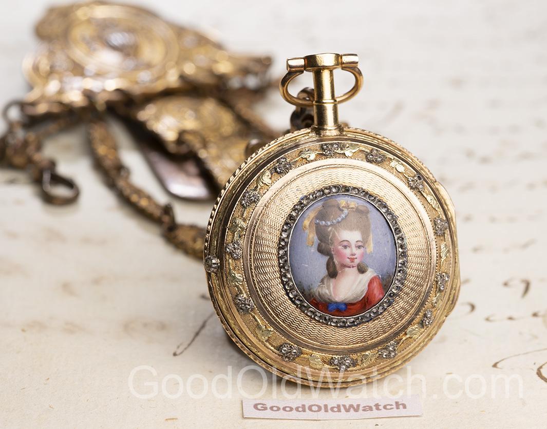 Miniature Portrait ENAMEL PAINTING 18k Gold Verge Fusee Antique Pocket Watch Montre Coq