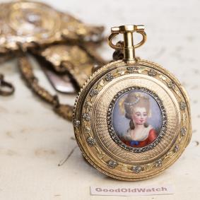 Miniature Portrait ENAMEL PAINTING 18k Gold Verge Fusee Antique Pocket Watch Montre Coq