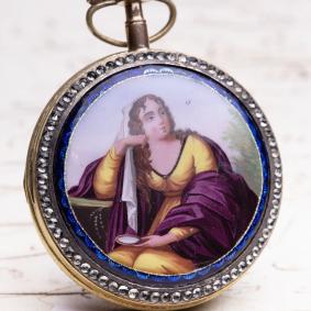 c. 1800 Vestal Enamel Miniature Antique Verge Fusee Pocket Watch by Bouvier Geneve