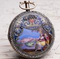 Lac Leman Paysage Enamel Miniature GOLD Verge Fusee Antique Pocket Watch by DesRoches Geneve