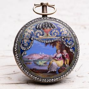 Lac Leman Paysage Enamel Miniature GOLD Verge Fusee Antique Pocket Watch by DesRoches Geneve