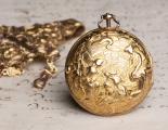 Repousse Pair Case Antique Verge Fusee Pocket Watch w/ Chatelain