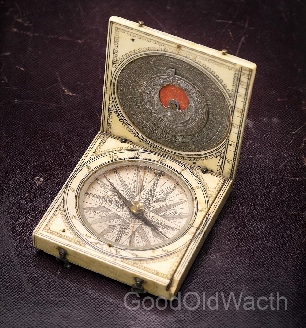Antique French DIEPPE lVORY SUNDIAL DIPTYCH w/ Compass -Late 17th C.