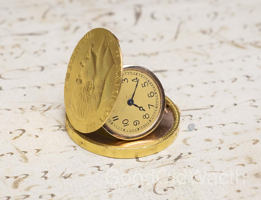 100 GOLDEN FRANCS COIN Concealed Pocket Watch c. 1910 HAAS NEVEUX - Stamped with GENEVA SEAL