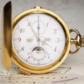 QUARTER REPEATER & TRIPLE CALENDAR w/ MOON PHASE Antique Pocket Watch by Lemania
