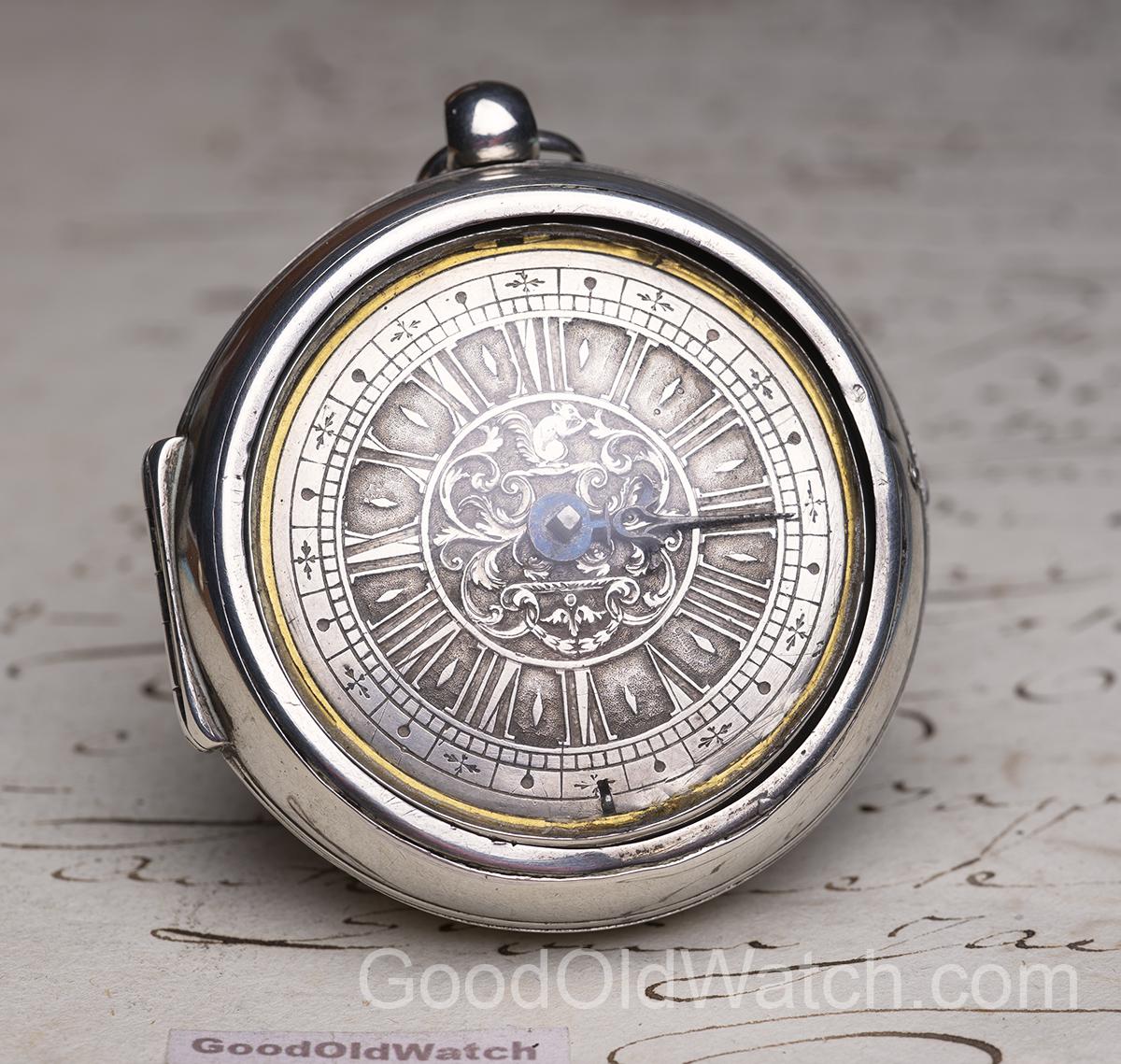 1710s SINGLE HAND Champleve Dial Pair Cased FLEMISH Verge Fusee Antique Pocket Watch