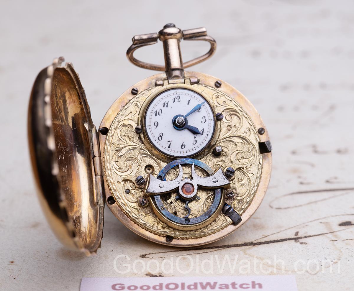 Miniature watch with rare Pig&rsquo;s-Trough Escapement and Visible Balance Antique Pocket Watch in 18k Gold Case by Dupont Geneva