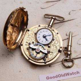 Miniature watch with rare Pig&rsquo;s-Trough Escapement and Visible Balance Antique Pocket Watch in 18k Gold Case by Dupont Geneva