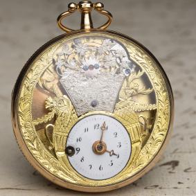 VISIBLE BALANCE & SKELETONIZED VERGE FUSEE Antique Pocket Watch in 18k Gold Case