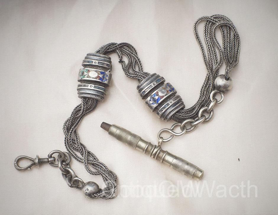French silver pocket watch chain with enamels
