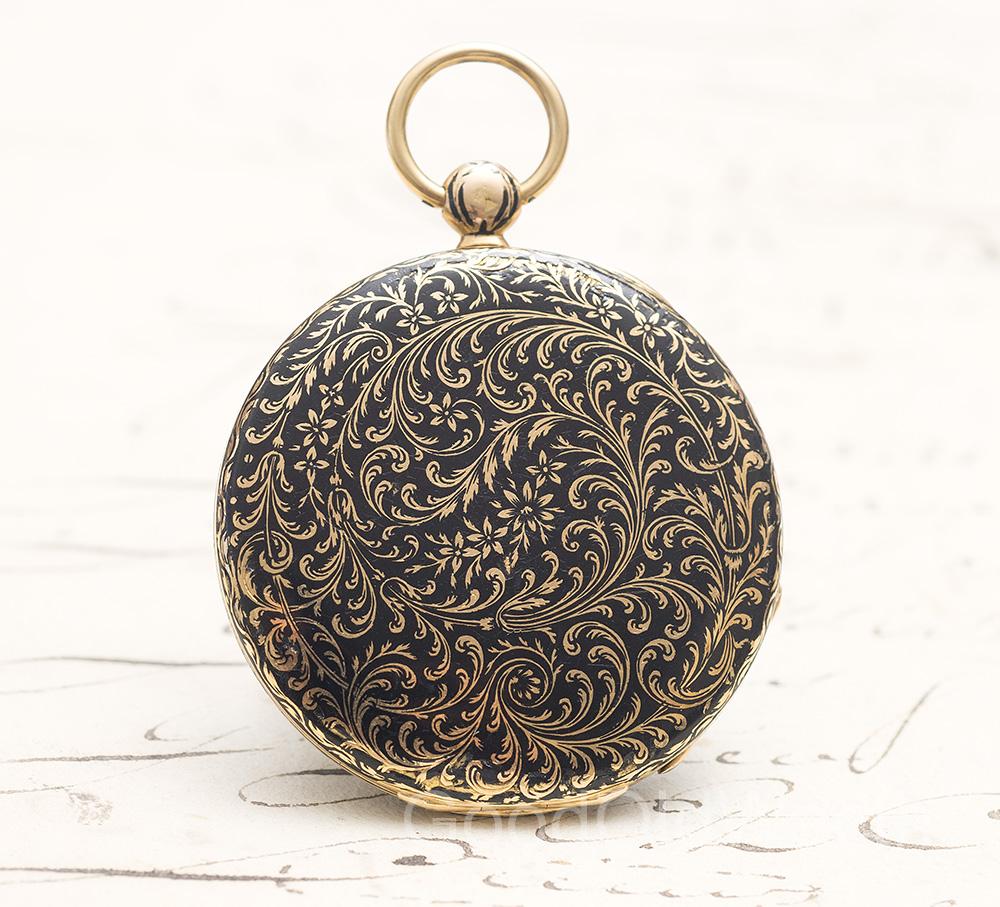 Antique French 18k GOLD & CHAMPLEVE ENAMEL FLAT / THIN Pocket Watch 1820 - 1830s