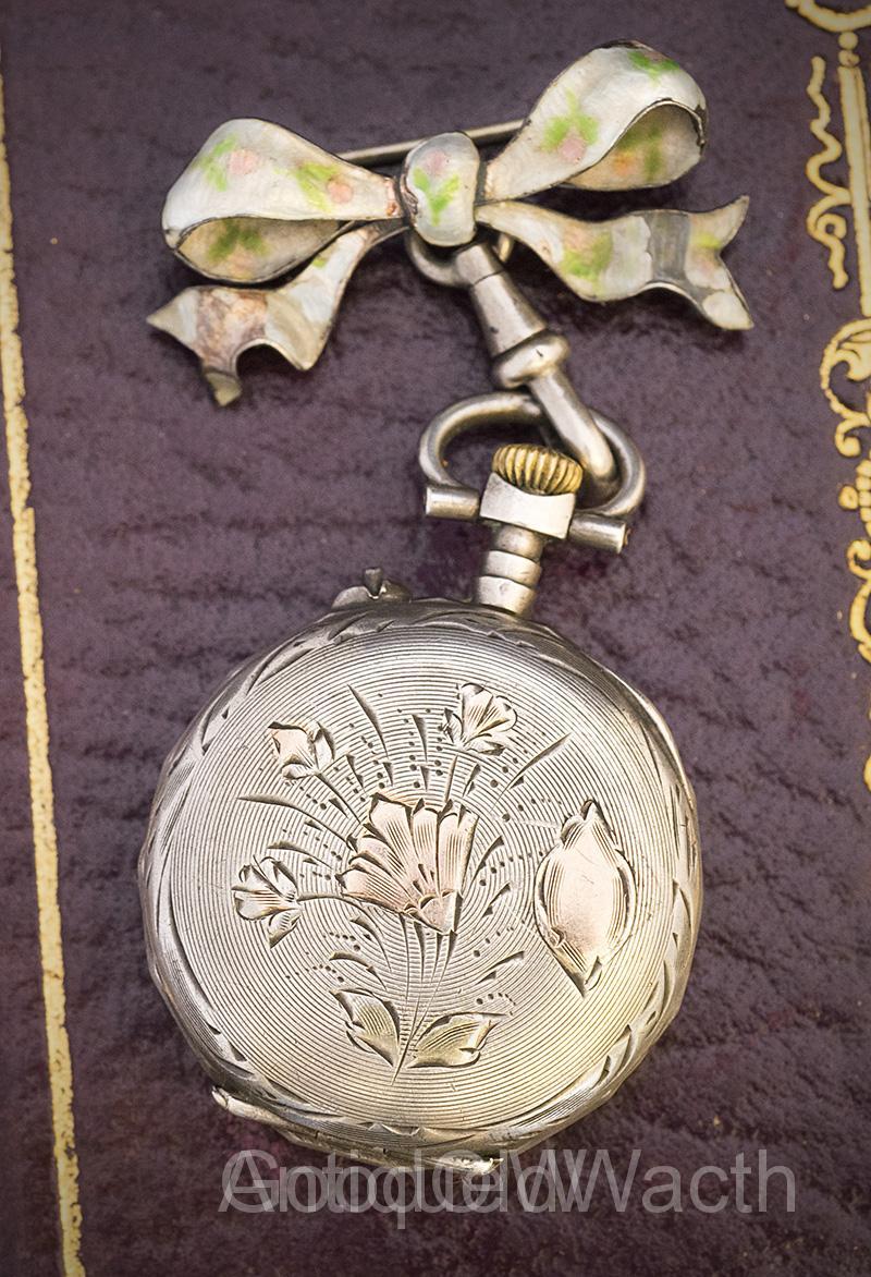 Nice Silver and Gold Pendant Lady Watch with Silver Enameled Brooch